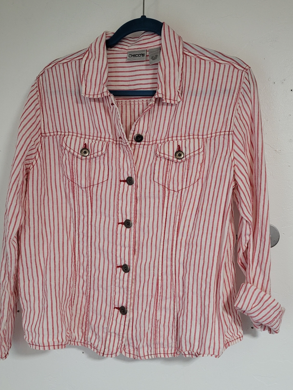 Chico's Women's Red Striped Button-Up Shacket